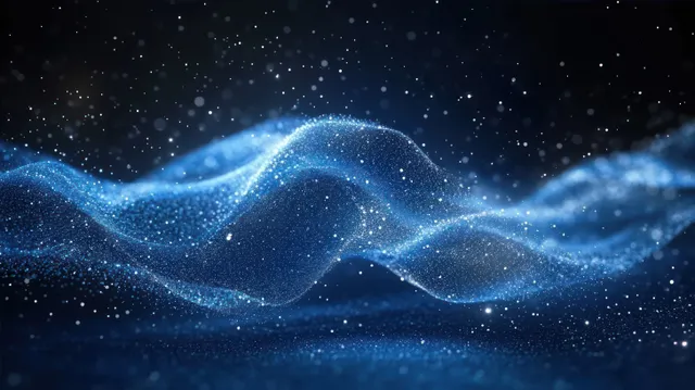 Glowing blue particles form an undulating wave across a dark background with sparkling depth.