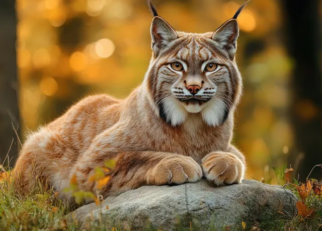 Lynx resting on a rock in autumn forest, eyes half-closed in golden sunlight