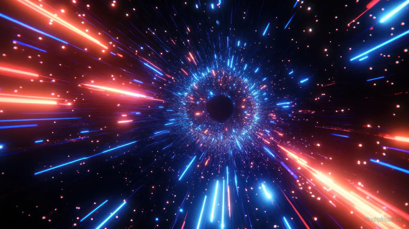 Neon red and blue light beams form a tunnel into a dark deep-space center surrounded by glowing particles.