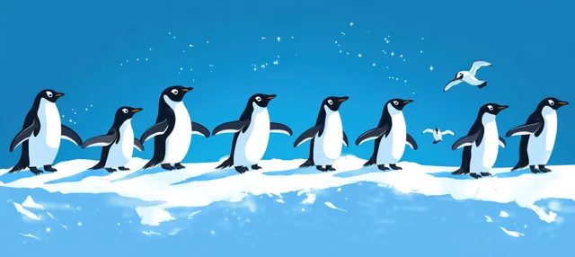 Nine penguins waddle on snowy ice with two seagulls flying overhead against a clear blue sky.