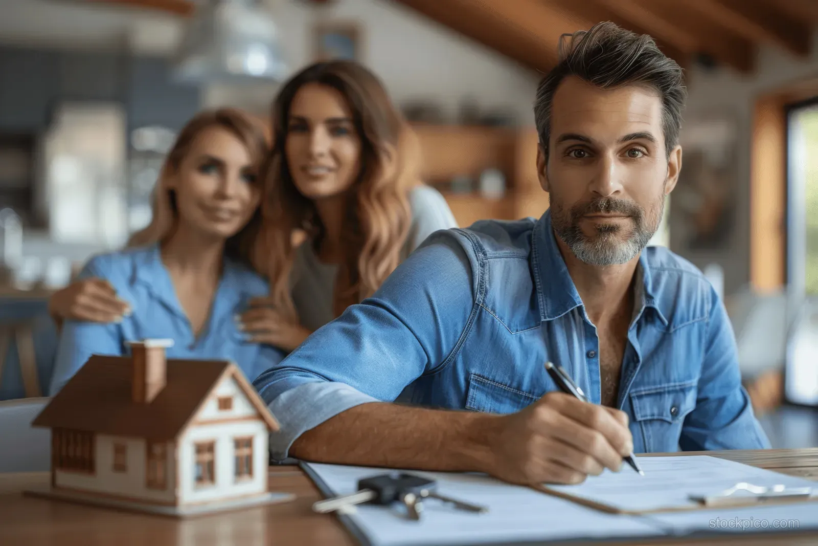 House model and keys on a desk while a real estate agent and couple sign a mortgage agreement behind them.