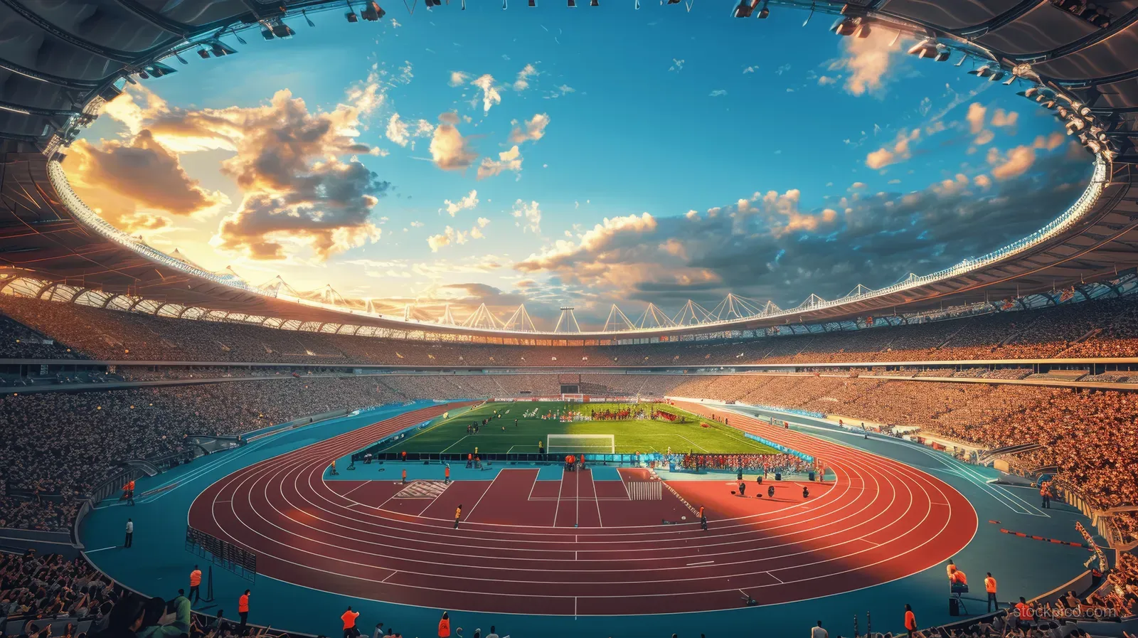 Aerial view of the Olympic track stadium in Paris 2024, featuring running lanes, packed stands, and a dramatic sky.