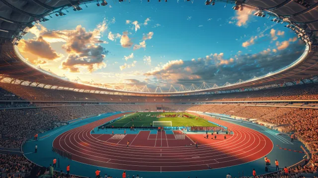 Aerial view of the Olympic track stadium in Paris 2024, featuring running lanes, packed stands, and a dramatic sky.