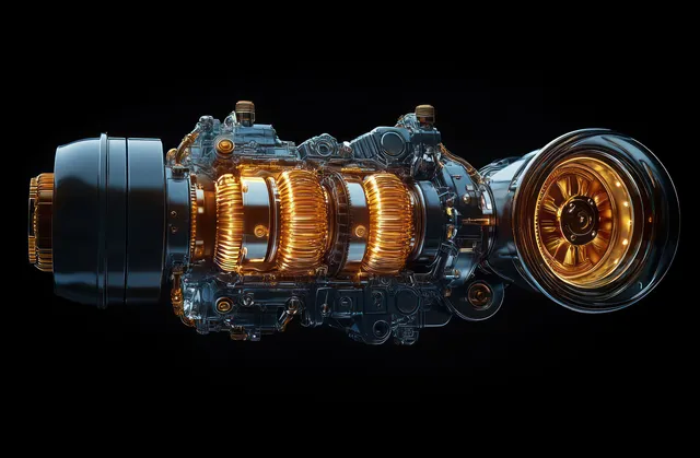 Dramatically spotlit turbo engine assembly with copper coils and reflective metal components on a dark background.