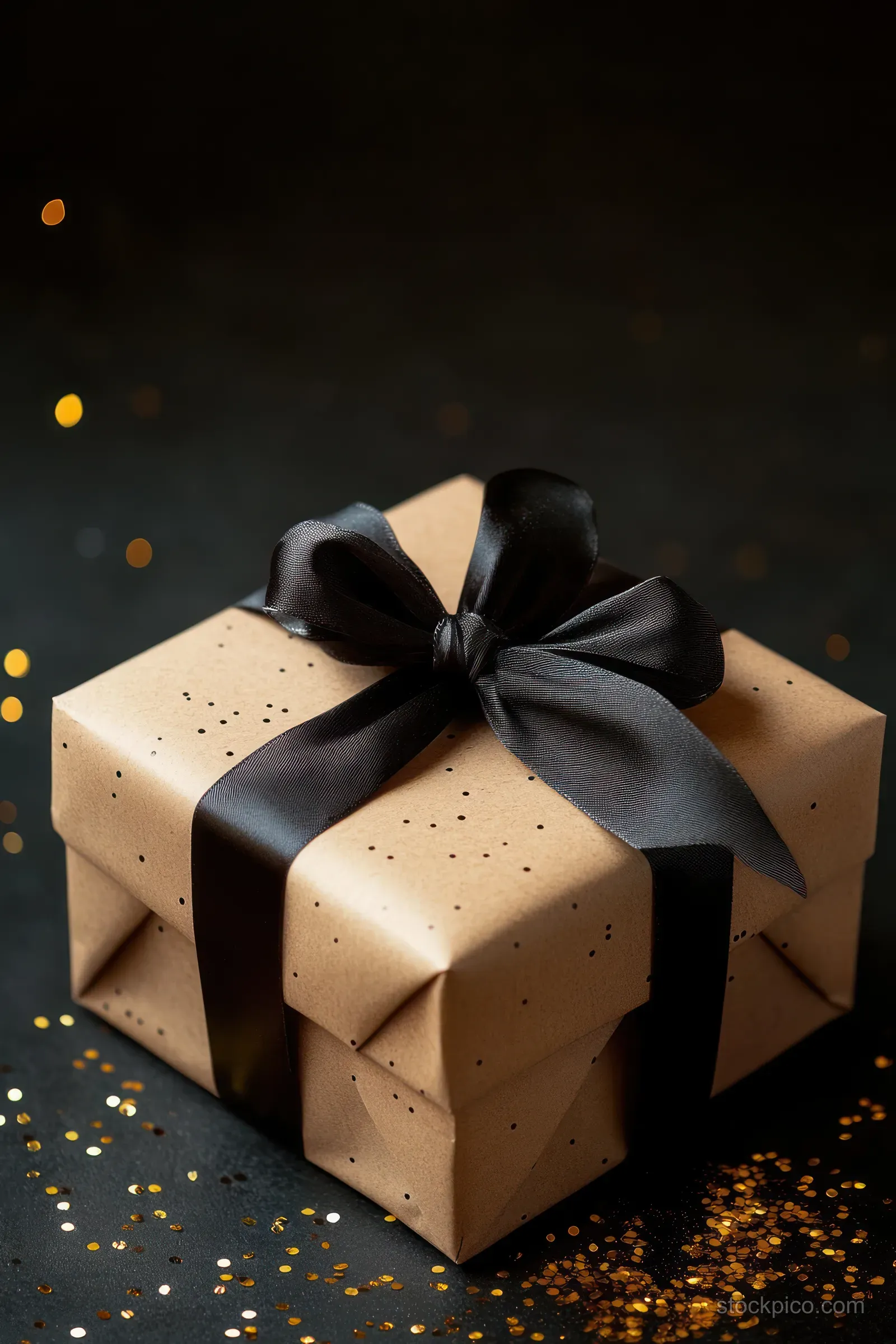 Kraft paper gift box with a black satin ribbon on a dark background with golden confetti.
