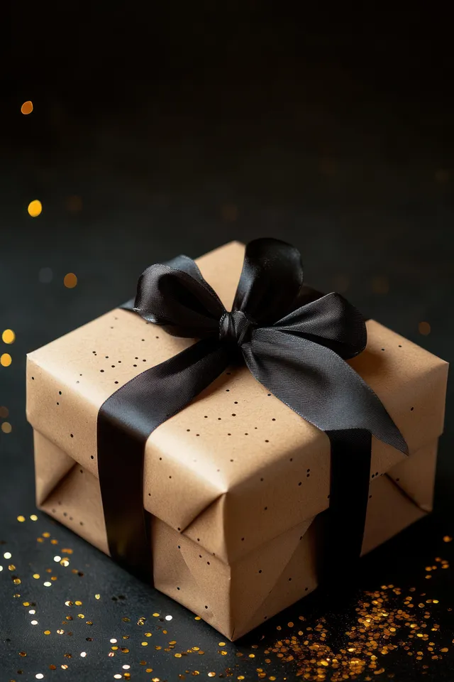 Kraft wrapped gift box tied with black satin ribbon on dark festive background