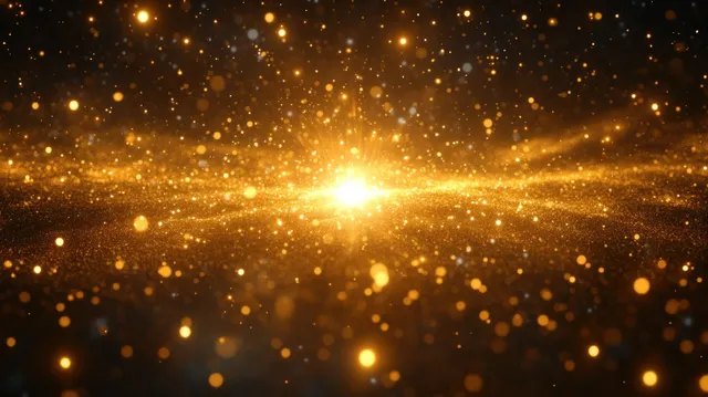 Golden light burst center radiates sparkling particles and glowing bokeh on a dark background.