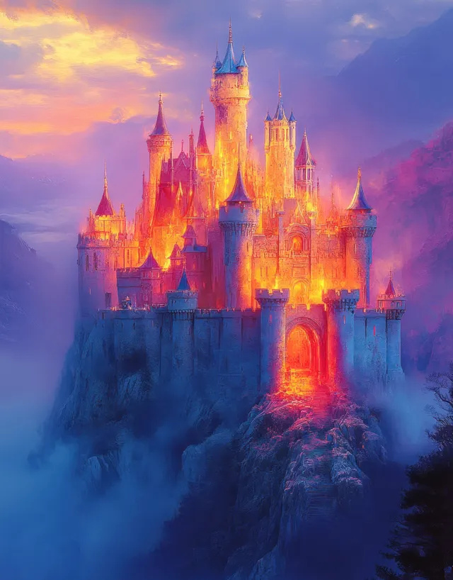 Watercolor fairy tale castle with glowing towers over misty cliffs at dusk.