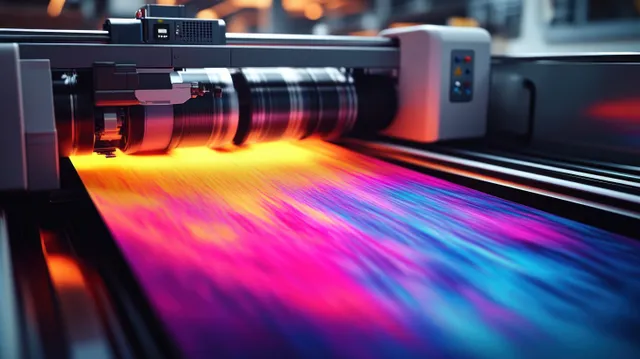 An industrial printer outputs a glowing multicolor gradient print across moving material in a factory.