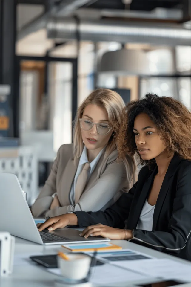 Two businesswomen collaborate over a laptop at a modern office desk with open documents and office equipment.