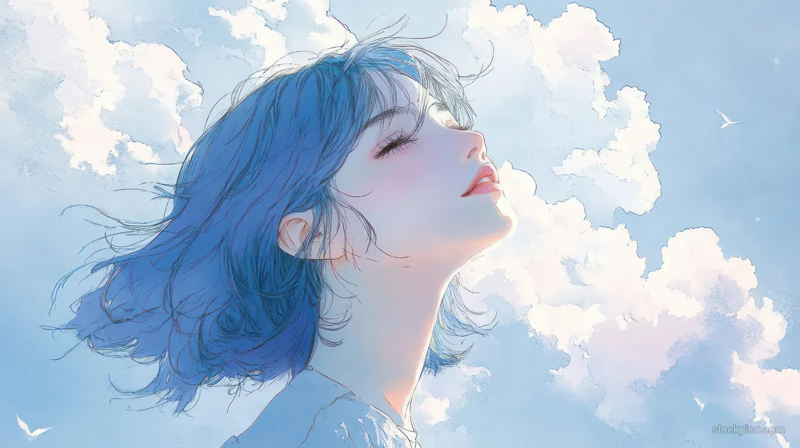 A girl with flowing blue hair gazes upward as pastel watercolor clouds fill the sky.