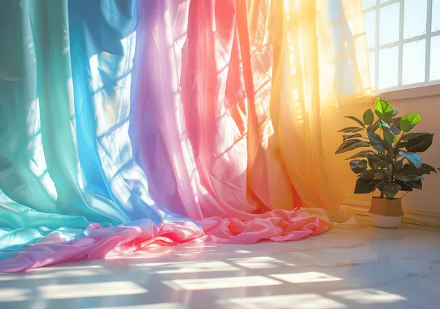 Cortinas iridiscentes arcoíris brillan junto a una ventana, proyectando reflejos de luz pastel y sombras suaves sobre un suelo de baldosas.