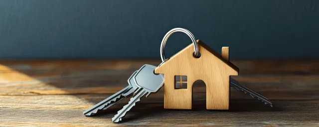 Wooden house model with a keychain and keys on a table against a dark background.