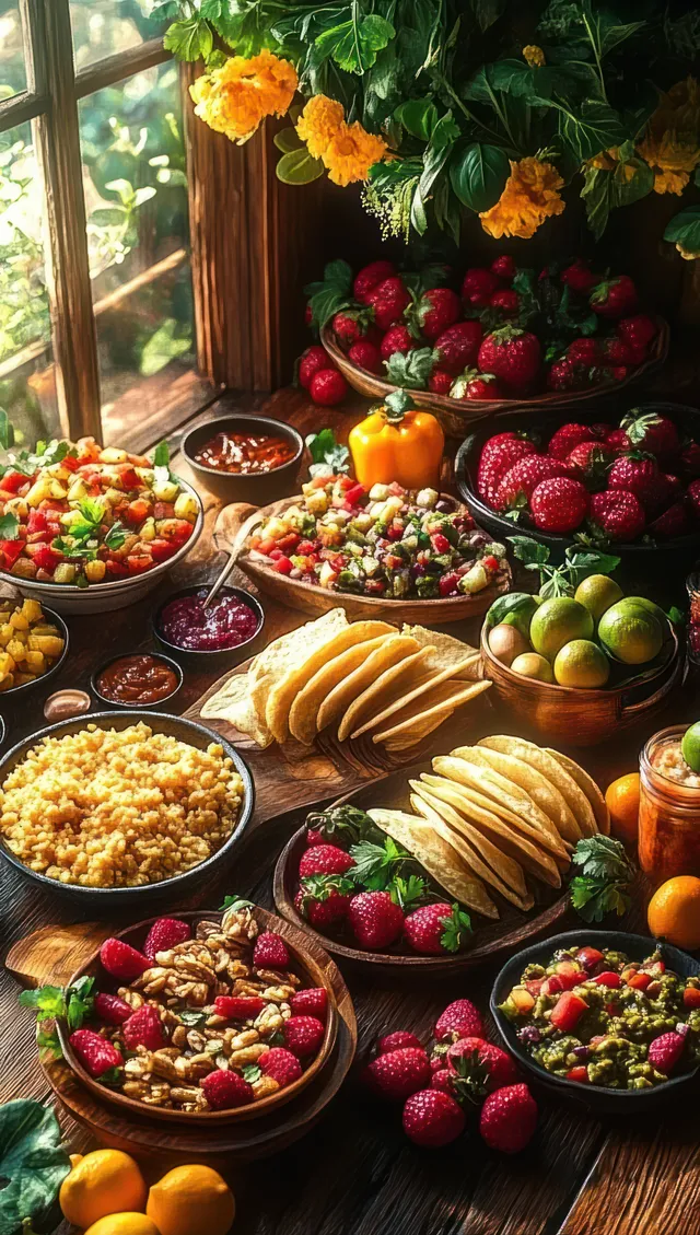 Fruits, vegetables, sauces, and tacos arranged on a wooden table by a window with yellow flowers overhead.