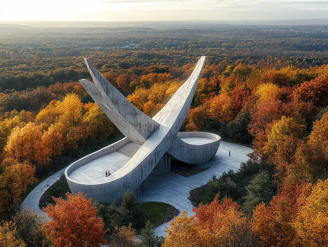 A concrete abstract monument with curved ramps overlooks an autumn forest canopy under soft sunlight.