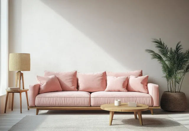 Minimalist living room with pink sofa, round wooden coffee table, floor lamp, and potted plant by a bright wall.