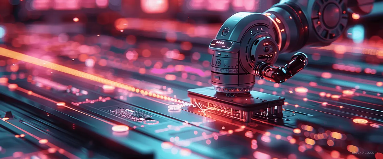 A robotic surgical arm hovers above a futuristic glowing medical interface with light trails and control elements.