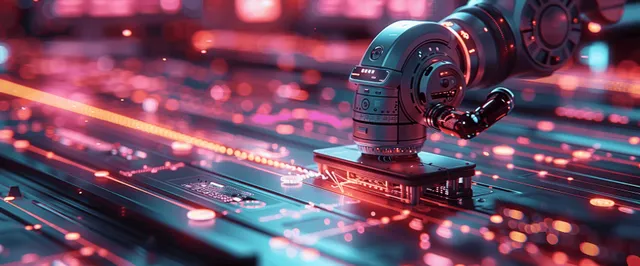 A robotic surgical arm hovers above a futuristic glowing medical interface with light trails and control elements.