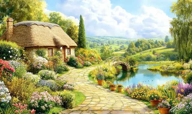 A country cottage garden overlooks a pond with a small bridge, flower-filled pots, and a winding stone path.
