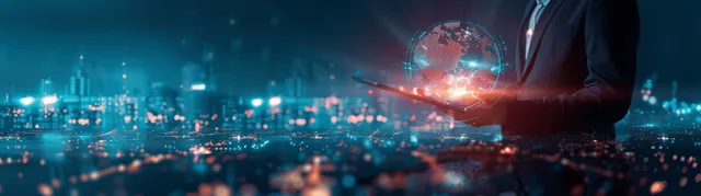 Businessman in futuristic office connects AI prompts to global digital marketing content network