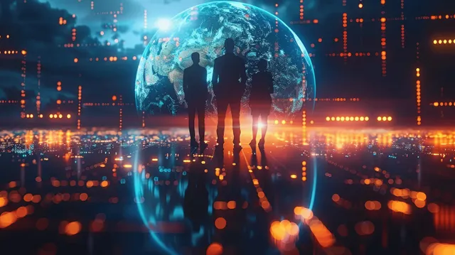 Siluetas de personas alrededor de un globo terráqueo holográfico resplandeciente entre luces de datos flotantes sobre una ciudad digital oscura.