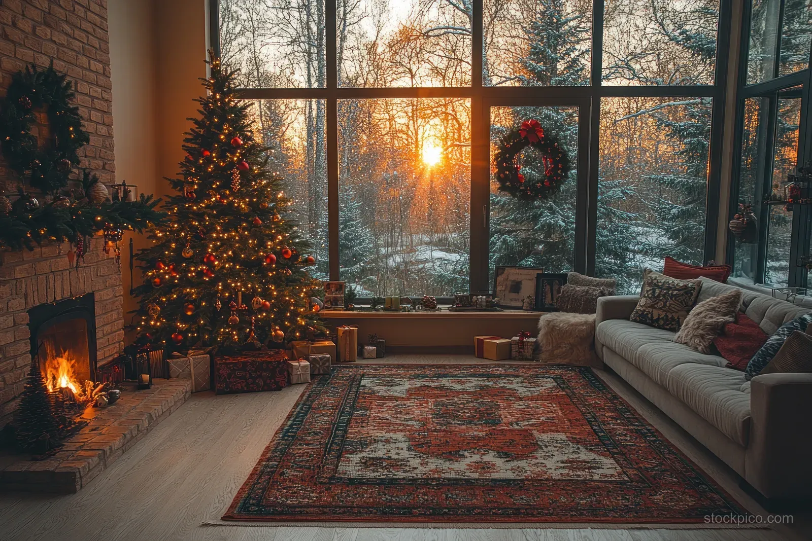 Decorated Christmas tree and lit fireplace in a cozy living room with a patterned rug and glowing winter light through windows.
