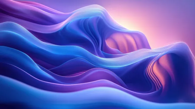 Glowing blue and purple 3D wave forms undulate across an abstract gradient background.