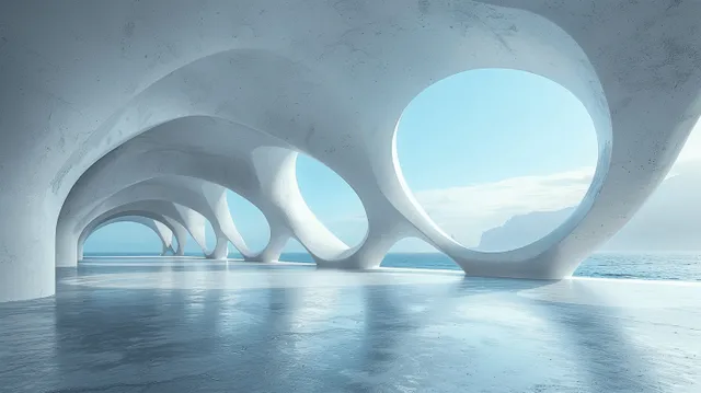 White futuristic concrete exterior with arched openings, circular portal, and empty floor facing blue sky.
