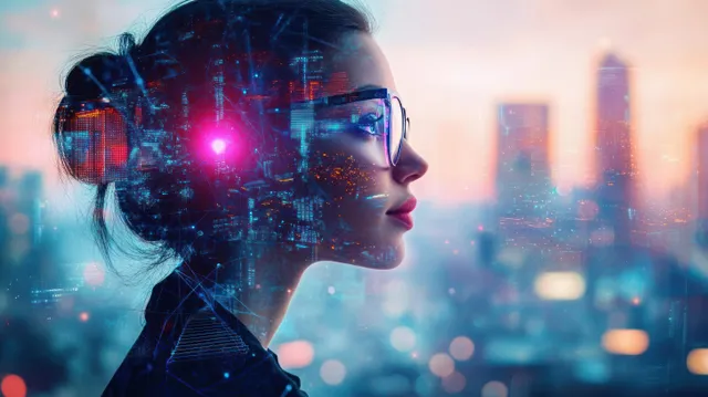 Side profile of a woman wearing glasses as digital network lights overlay a futuristic city at dusk.