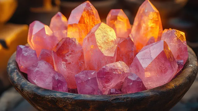 Pink quartz crystal points sit in a rustic bowl with warm glowing reflections and sharp facets.