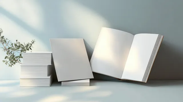Minimalist still life of open book and stacked blank papers on a table with sunlit shadows.