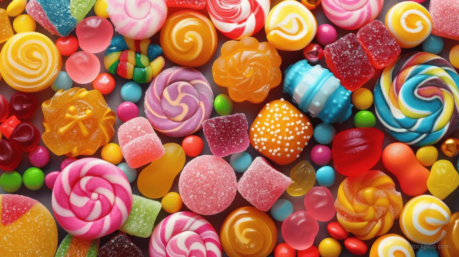 Top-down assortment of colorful jellybeans, gummy candies, and swirled lollipops covering the entire surface.