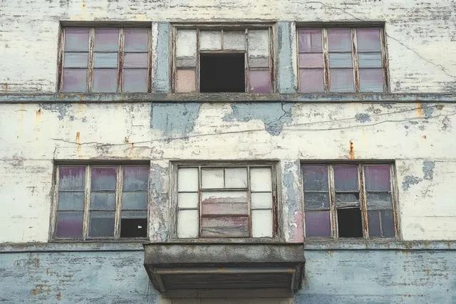 Weathered building facade with peeling paint and multiple broken windows in disrepair.