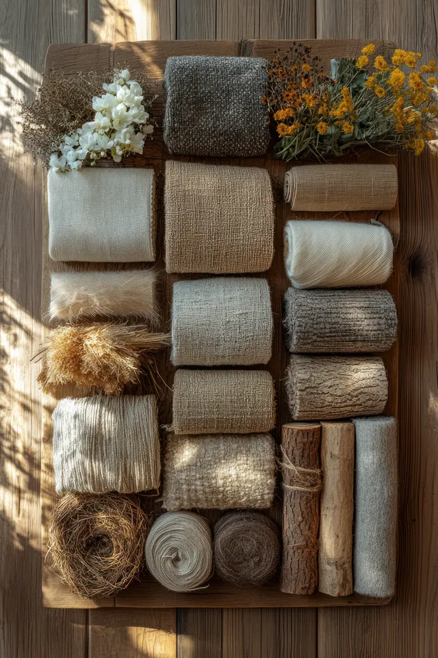 Framed mood board packed with folded fabric swatches and wood samples beside small dried flowers.