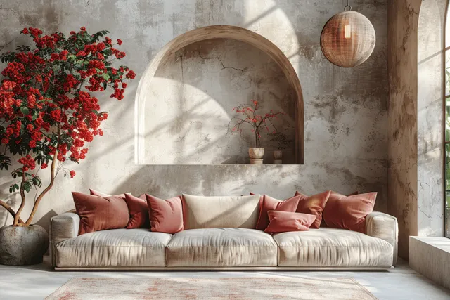 Sunlit living room with beige sofa, pink cushions, arched window, and pendant light against a stucco wall.