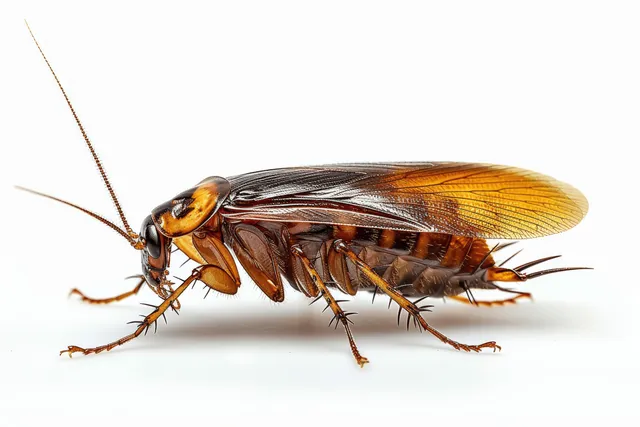 Brown cockroach isolated on white background, side profile with sharp antenna detail