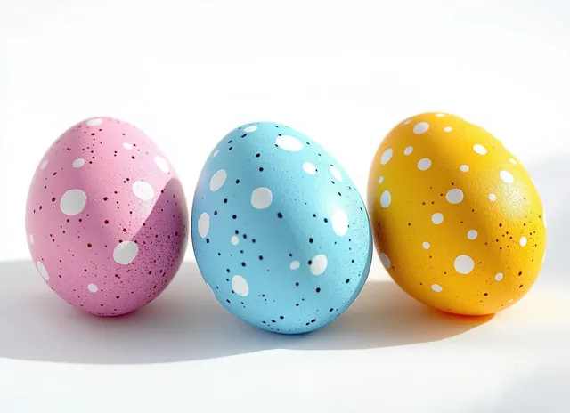 Three pastel speckled eggs in pink, blue, and yellow with white and black spots on a white surface.