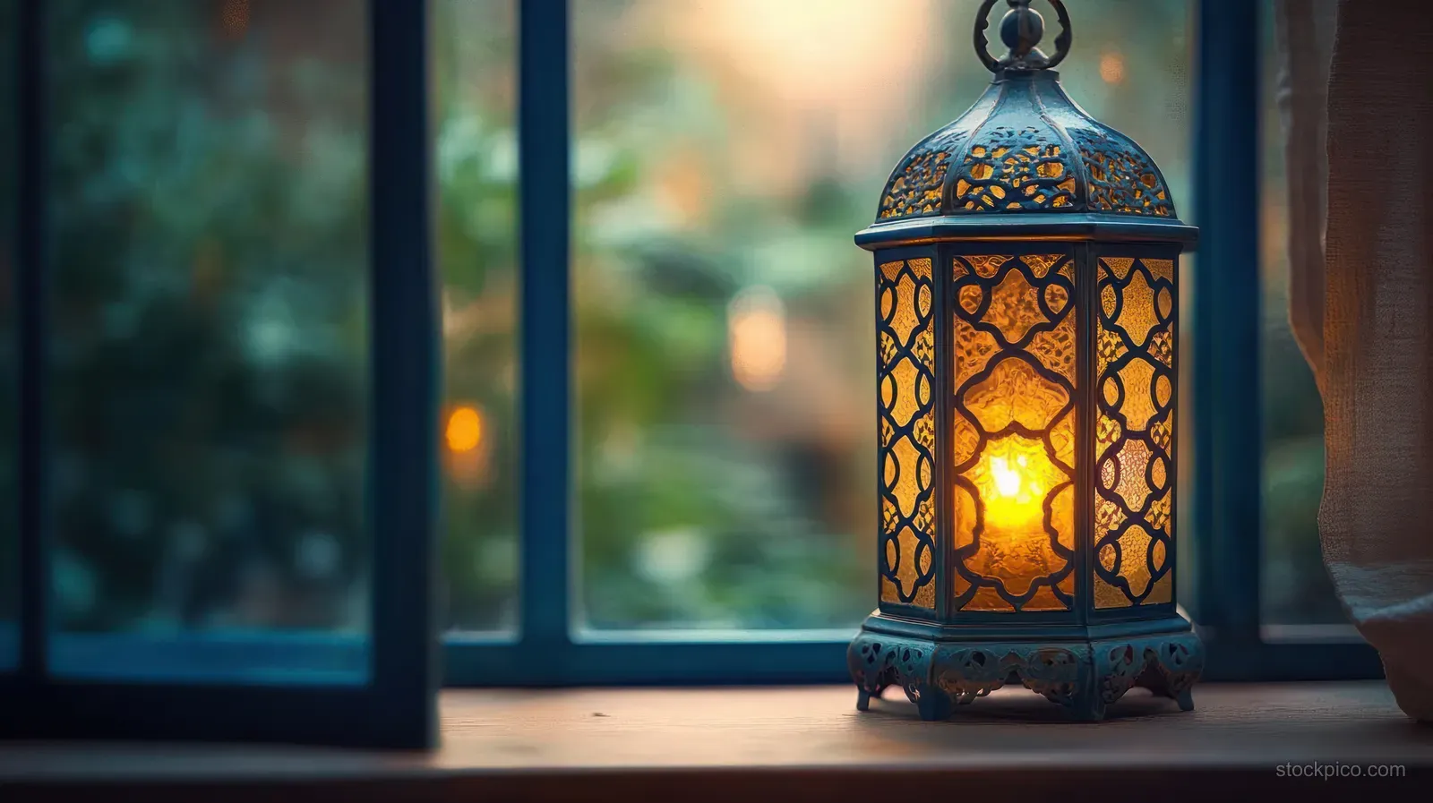 Ornate metal lantern glowing warmly on a windowsill with a softly blurred garden outside at dusk.