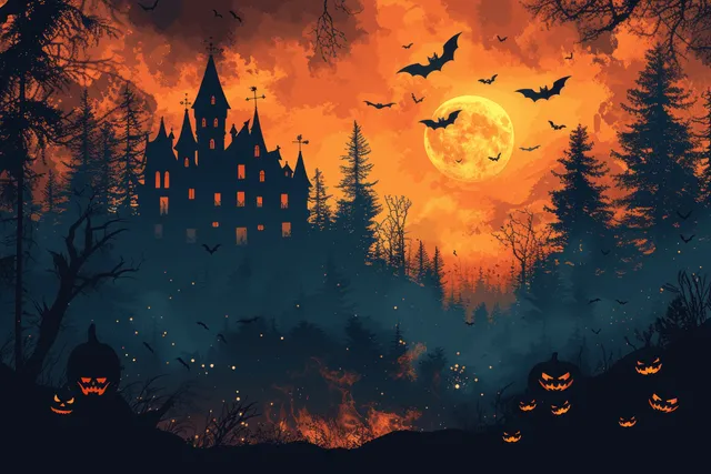 Haunted house silhouette in a dark misty forest with full moon, bats, and glowing jack-o'-lanterns.