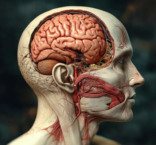Cross section of a human head with exposed brain and nervous pathways inside the skull under dramatic light.