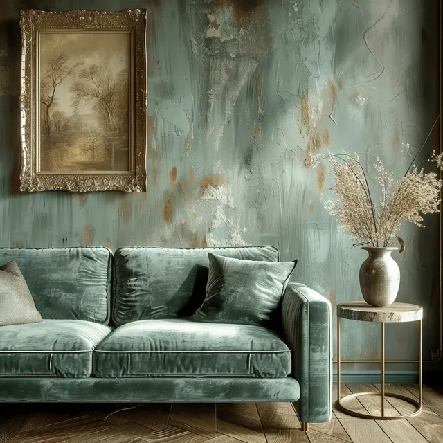 Green velvet sofa against antique teal textured wall with framed painting and vase details