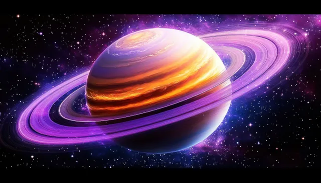 Colorful gas giant planet with glowing orange clouds and purple rings surrounded by stars in outer space.