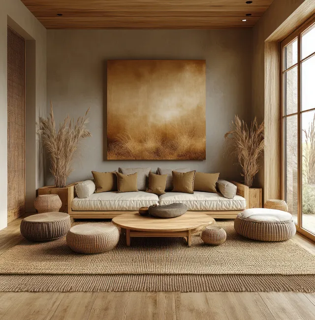 Minimalist living room interior with a beige sofa, woven poufs, dried pampas, and sunlight through large windows.