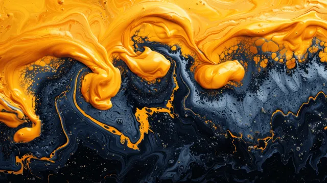 Glossy yellow and black liquid swirls merge into flowing wave patterns on an abstract background.