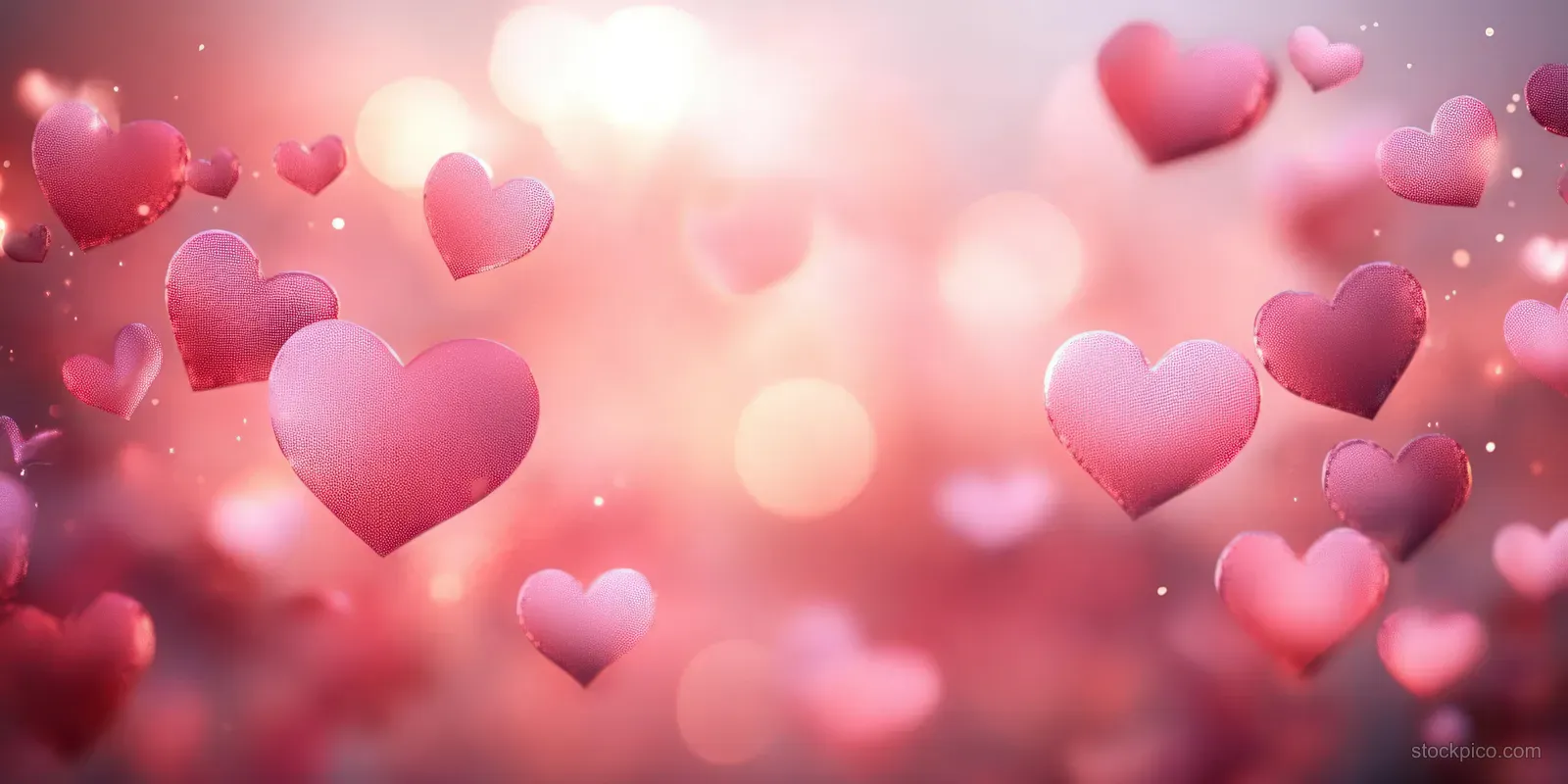 Rose-gold hearts float over a pink glowing bokeh background with soft sparkles and festive light blur.