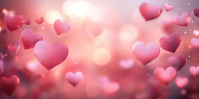 Rose-gold hearts float over a pink glowing bokeh background with soft sparkles and festive light blur.