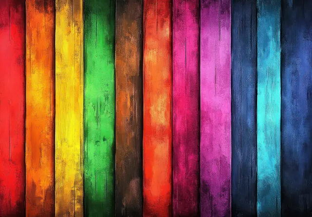 Vivid watercolor vertical stripes painted across weathered wooden planks forming a rainbow wall background.
