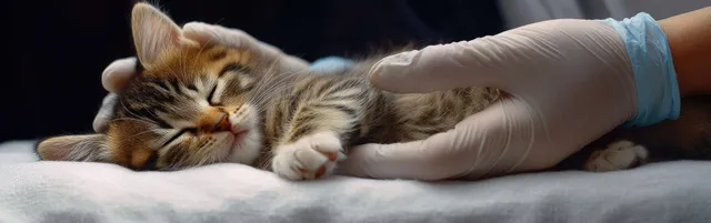 Gloved hand gently cradles a striped kitten sleeping on a soft surface