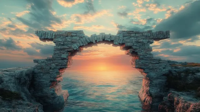 Weathered stone archway ruins opening onto calm ocean at sunset, orange-blue cloud sky
