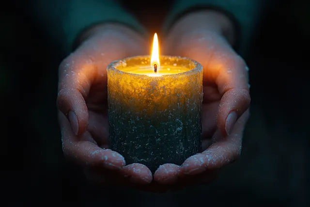 Hands cradling a flickering candle with wax texture and shadowed ritual atmosphere